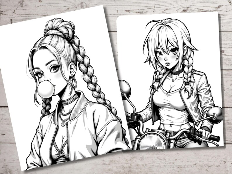 May include: Black and white line art illustration of two women. One woman has long braids and is blowing a bubble. The other woman is wearing a leather jacket and is riding a motorcycle.