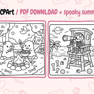 以下が含まれることがあります： 不気味な夏のテーマの2つの白黒イラスト。1つは、バーベキューとキャンプをする幽霊を描いています。もう1つは、ビーチのスケルトンライフガードを描いています。テキストは「ADCPArt / PDF DOWNLOAD spooky summer」と表示されています。