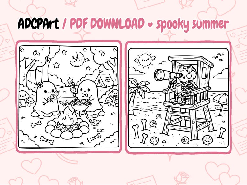以下が含まれることがあります： 不気味な夏のテーマの2つの白黒イラスト。1つは、バーベキューとキャンプをする幽霊を描いています。もう1つは、ビーチのスケルトンライフガードを描いています。テキストは「ADCPArt / PDF DOWNLOAD spooky summer」と表示されています。