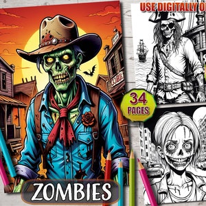 Chilling Zombie Coloring Pages: 34 Unique Grayscale Designs for Adults - Printable Digital Coloring Book, Scary Halloween Coloring Book