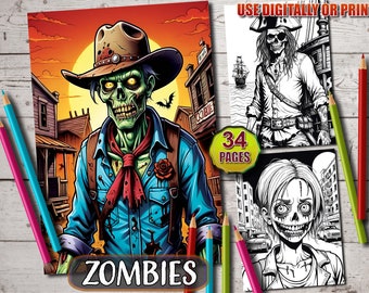 Zombie Coloring Book: 34 Grayscale Halloween Designs for Adults (Printable Digital)