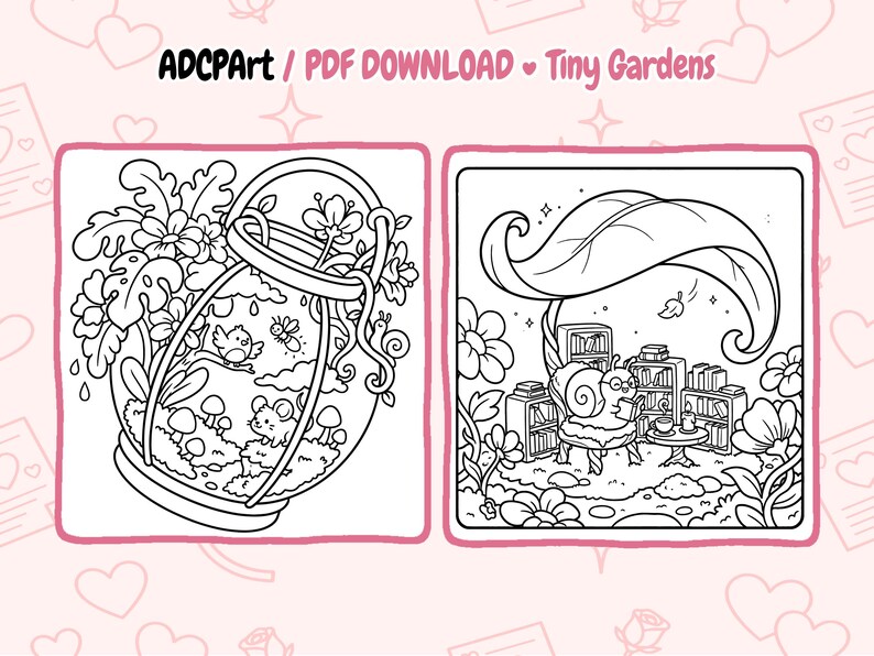 May include: Black and white line art illustrations of tiny gardens. One shows a jar with a miniature landscape, the other a snail reading under a leaf. Text at the top reads "ADCPart / PDF DOWNLOAD Tiny Gardens".