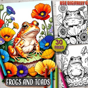 Frogs and Toads Coloring Book, 30 Frogs Cute Coloring Page Book, Printable PDF, Grayscale Frogs  Coloring Pages, Adult Coloring sheets