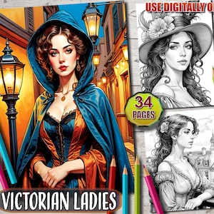 34 Victorian Beauties Coloring Book | Printable Vintage Lady Coloring Pages | Grayscale Victorian Ladies | Adult Fantasy Coloring Book