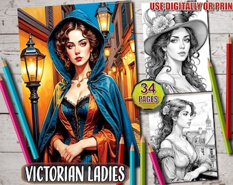 Viktorianische Damen Malbuch: 34 Graustufen Seiten zum Ausdrucken (PDF)