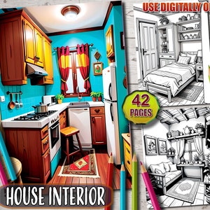 May include: A coloring book with 42 pages featuring illustrations of house interiors. The cover shows a colorful kitchen with blue walls, wooden cabinets, and a red patterned rug. The book also includes a black and white illustration of a bedroom with a bed and a bookshelf.