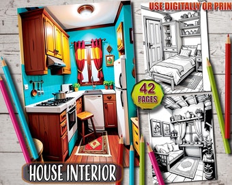 42 House Interior Coloring Pages:Detailed Printable PDF Coloring Book for Kids and Adults - Instant Download,Home Interior Coloring Book