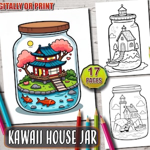 May include: A coloring book with 17 pages featuring a kawaii house in a jar with a red roof, pink cherry blossoms, and two goldfish. The house is surrounded by green grass and a blue river. The jar is clear glass with a brown lid. The coloring book also includes a lighthouse in a jar with a white roof and a blue sea.