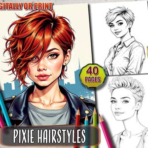 Pixie Haircuts Coloring Book: Grayscale Portraits for Adults & Teens (Printable PDF)