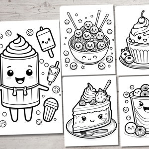 Puede incluir: P&aacute;gina para colorear en blanco y negro con personajes de comida de dibujos animados lindos. Los personajes incluyen un cupcake, un batido, un taz&oacute;n de fideos, una rebanada de pastel y un batido.