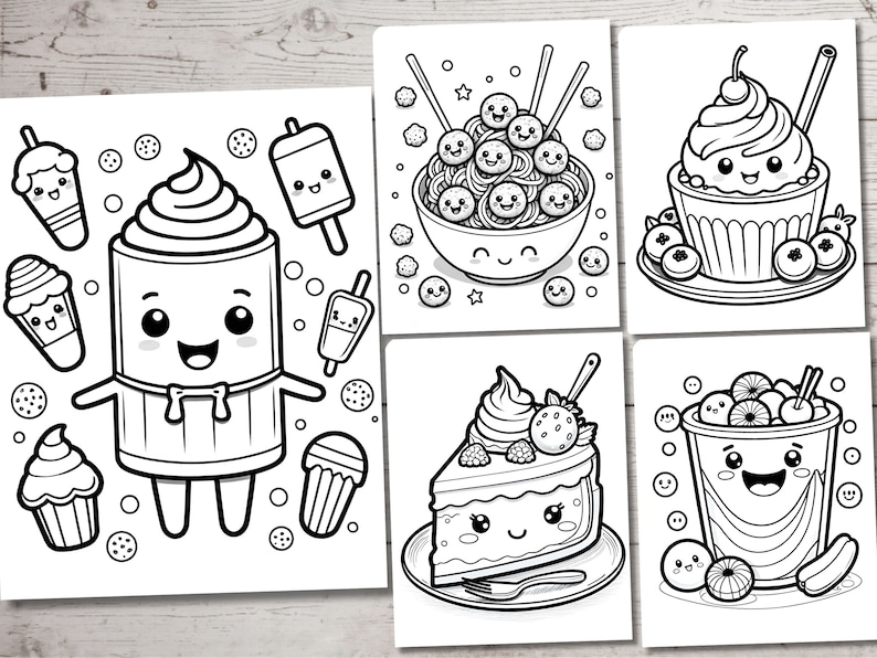 Puede incluir: P&aacute;gina para colorear en blanco y negro con personajes de comida de dibujos animados lindos. Los personajes incluyen un cupcake, un batido, un taz&oacute;n de fideos, una rebanada de pastel y un batido.