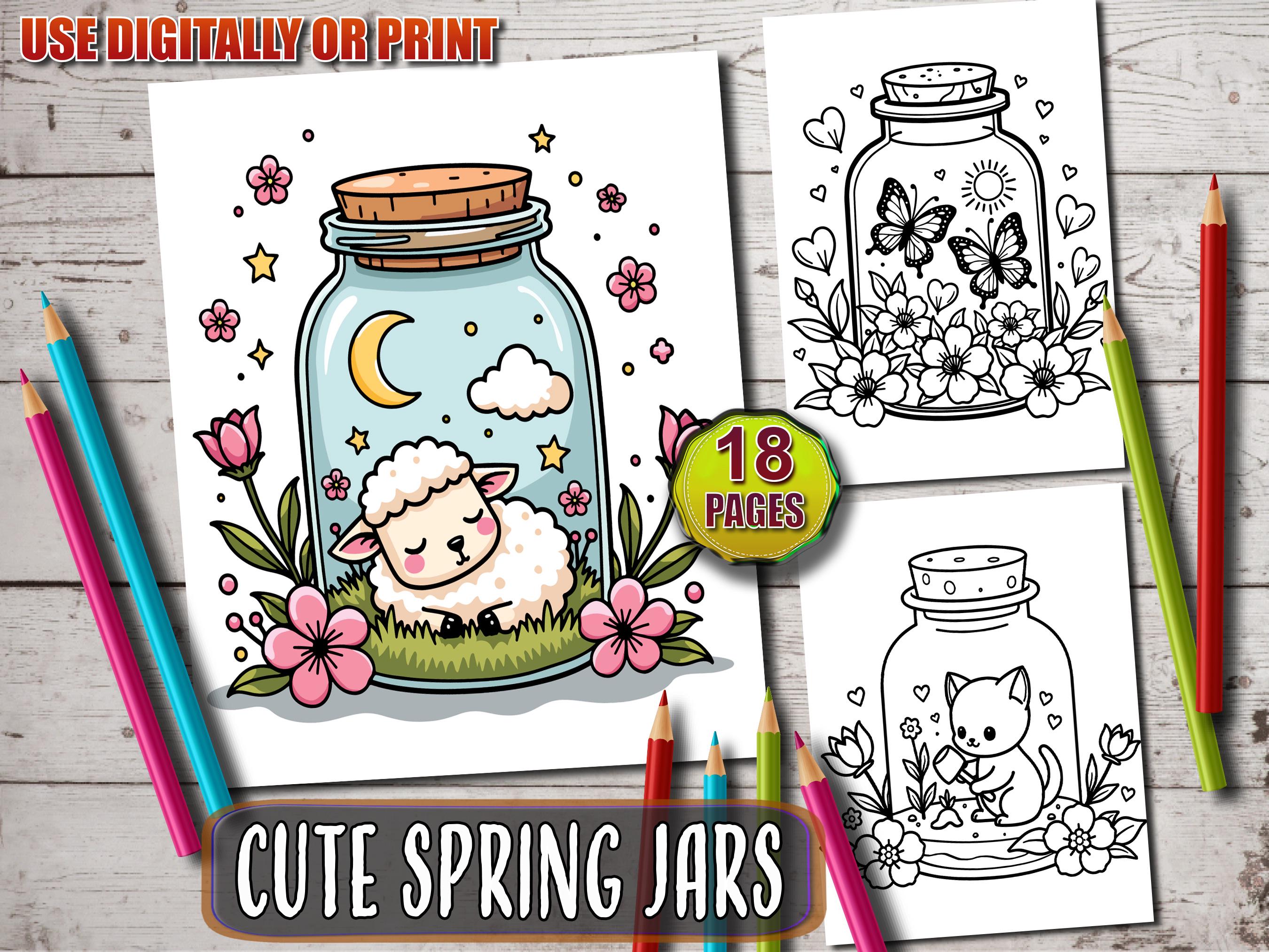 Cute Spring Jars Coloring Pages â Kawaii Floral Mason Jar Printable Coloring Book PDF for Adults and Kids