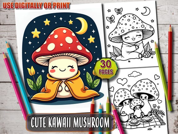 Kawaii Mushroom Coloring Book: Cozy Fantasy Life (PDF Pattern)