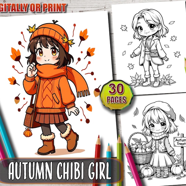 Chibi Autumn Girls Coloring Book: Kawaii Grayscale Art (Printable PDF)