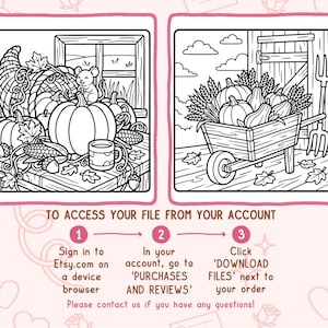 May include: Two black and white coloring pages featuring autumn harvest scenes. The left image shows a cornucopia, pumpkins, and a mouse. The right image shows a wheelbarrow filled with pumpkins and wheat. Text instructions for file access are included.