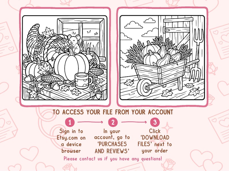 May include: Two black and white coloring pages featuring autumn harvest scenes. The left image shows a cornucopia, pumpkins, and a mouse. The right image shows a wheelbarrow filled with pumpkins and wheat. Text instructions for file access are included.