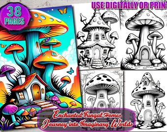 Enchanted Fungal Homes, Mushroom House Coloring Book, Printable Fantasy Fairy House Coloring Pages, Grayscale Coloring Book