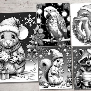 May include: A set of five black and white Christmas-themed illustrations featuring a mouse holding a cookie, a parrot perched on a branch, a dolphin in a wreath, a squirrel holding a gift, and a raccoon holding a mug.