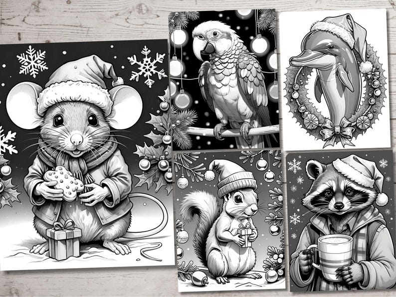 May include: A set of five black and white Christmas-themed illustrations featuring a mouse holding a cookie, a parrot perched on a branch, a dolphin in a wreath, a squirrel holding a gift, and a raccoon holding a mug.