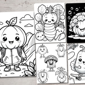 May include: Black and white coloring pages featuring cartoon vegetables with human-like faces. The vegetables include a pumpkin, a cauliflower, a squash, a turnip, a broccoli, and a fig.