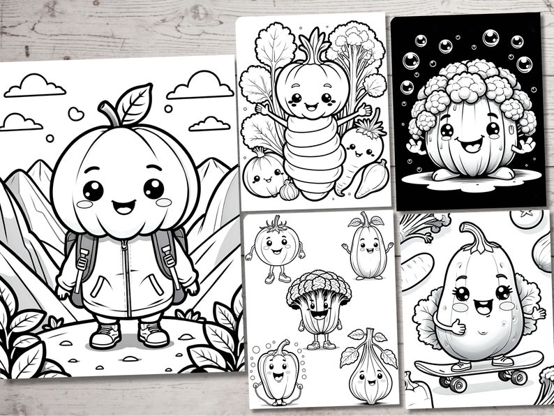 May include: Black and white coloring pages featuring cartoon vegetables with human-like faces. The vegetables include a pumpkin, a cauliflower, a squash, a turnip, a broccoli, and a fig.