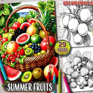 Puede incluir: Una página para colorear que presenta una cesta llena de una variedad de frutas de verano, incluyendo sandía, kiwi, melocotones, manzanas y uvas. La página se titula "Frutas de verano" e incluye 29 páginas de diversión para colorear.