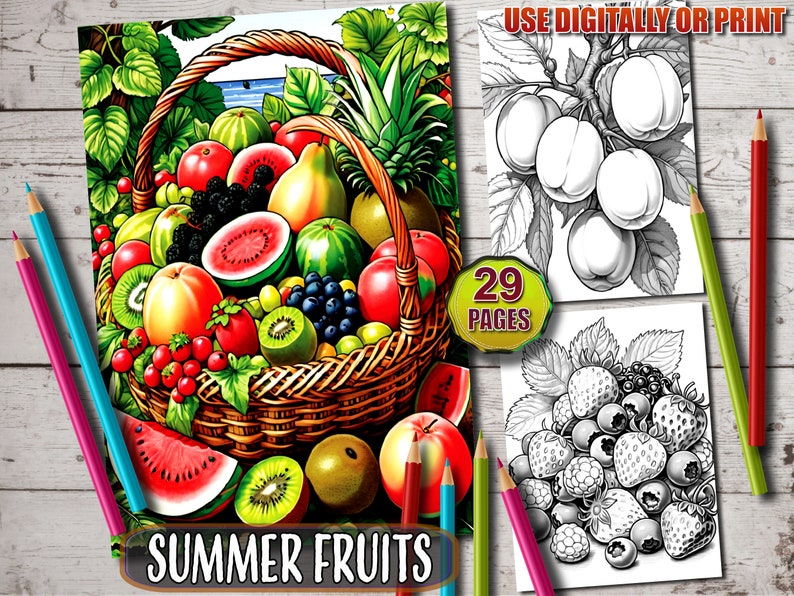 Peut inclure: Une page de coloriage repr&eacute;sentant un panier d&eacute;bordant de fruits d'&eacute;t&eacute;, dont de la past&egrave;que, du kiwi, des p&ecirc;ches, des pommes et des raisins. La page est intitul&eacute;e "Fruits d'&eacute;t&eacute;" et comprend 29 pages de plaisir &agrave; colorier.