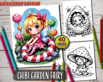 Chibi Fairy Adventures målarbok, söta trädgårdsälvor målarbilder, fantasivarelser för vuxna och barn, direkt nedladdning, utskrivbar PDF