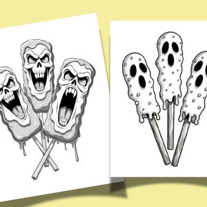 May include: Black and white illustrations of Halloween-themed treats. One image shows three skull-shaped popsicles with dripping frosting. The other image features three ghost-shaped popsicles with dotted frosting, all on wooden sticks.
