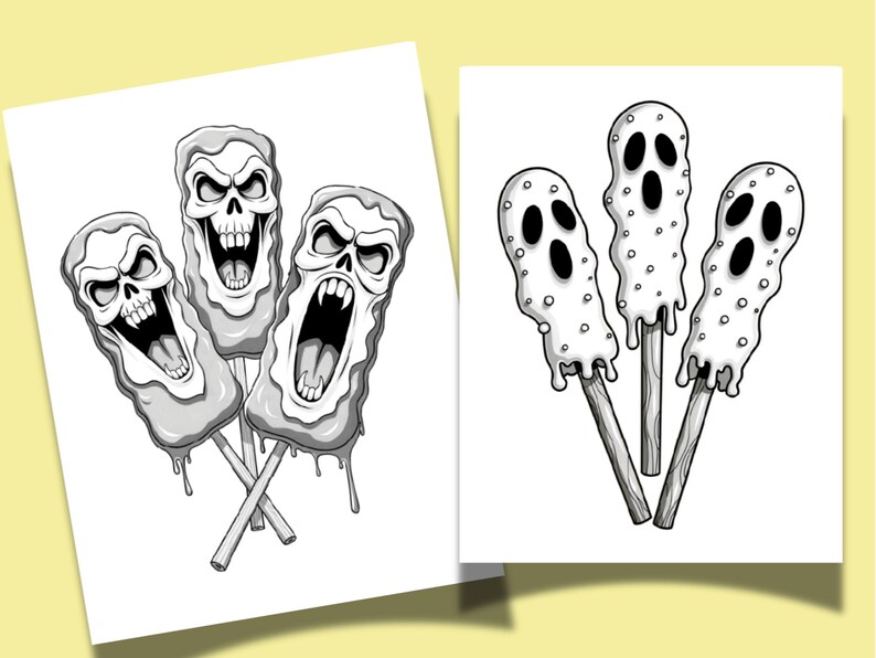 May include: Black and white illustrations of Halloween-themed treats. One image shows three skull-shaped popsicles with dripping frosting. The other image features three ghost-shaped popsicles with dotted frosting, all on wooden sticks.