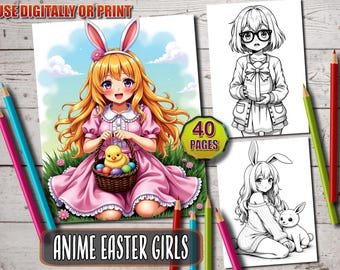 Anime Easter Girls Coloring Book: 40 Kawaii Manga Pages (Printable PDF)