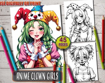 Anime Clown Girls Coloring Book: 45 Fantasy Jester Pages (Printable PDF)