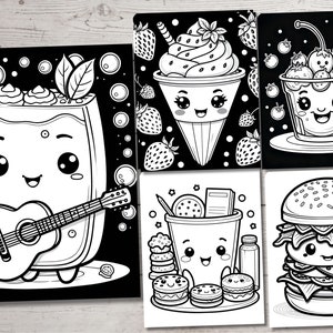 Puede incluir: P&aacute;ginas para colorear en blanco y negro con personajes de comida de dibujos animados lindos. Los personajes incluyen un batido con una guitarra, un helado, una ensalada de frutas, una hamburguesa y un recipiente de bocadillos.