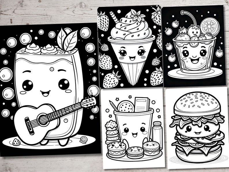 Puede incluir: P&aacute;ginas para colorear en blanco y negro con personajes de comida de dibujos animados lindos. Los personajes incluyen un batido con una guitarra, un helado, una ensalada de frutas, una hamburguesa y un recipiente de bocadillos.