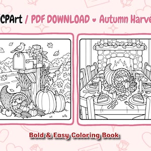 May include: A digital coloring book page titled ADCPArt / PDF DOWNLOAD - Autumn Harvest. The left panel shows a mailbox, pumpkins, and a cornucopia. The right panel depicts a dining table with a cornucopia centerpiece in front of a stone fireplace.