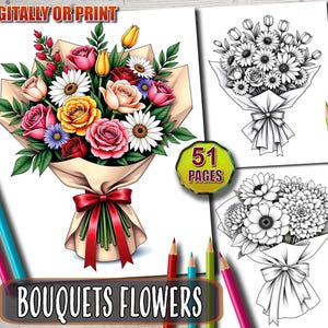 Grayscale Flower Bouquet Coloring Book: 50 Printable Pages (PDF Download)