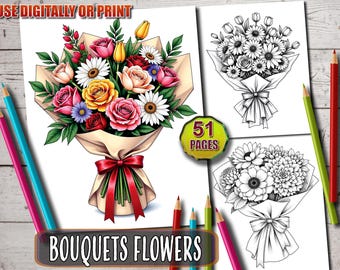グレースケールの花束ぬり絵：50ページの印刷可能ページ（PDFダウンロード）