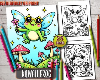 Cute Kawaii Frog Coloring Pages, Cute Frog Life Scene Coloring-Book,Fun Printable Art for Kids & Adults, Bold and Easy Coloring Book