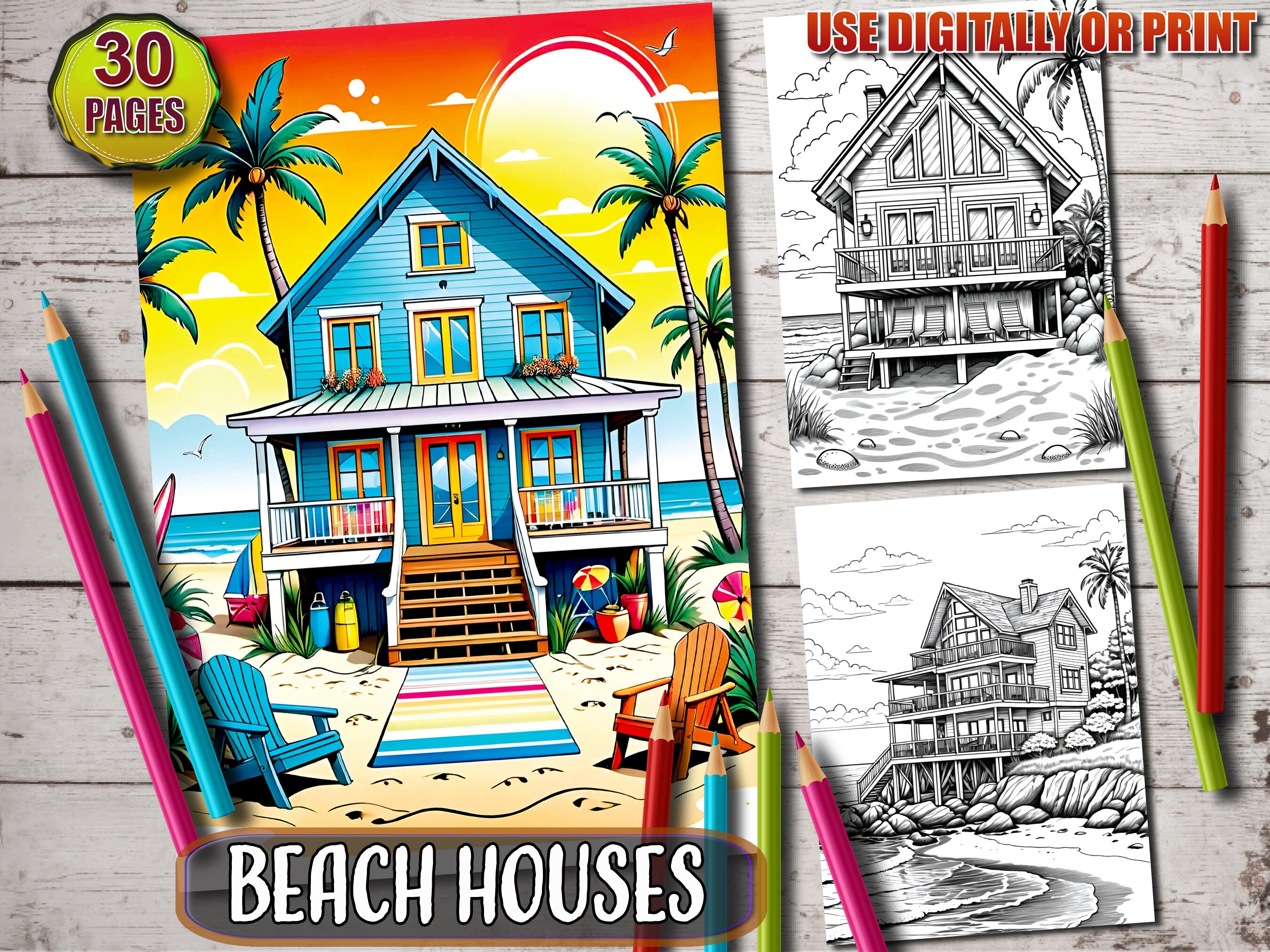 Beach Houses Coloring Book, Printable PDF, Seaside Serenity Coloring Pages, Instant Download, Grayscale Coloring Sheets for Adults