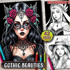 Gothic Girls Coloring Book: 42 Grayscale Pages for Adults (Instant Download)