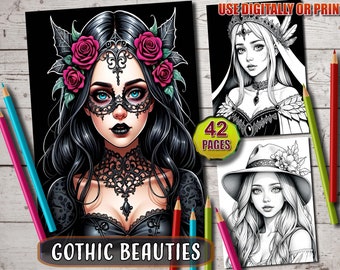 Gothic Girls Coloring Book: 42 Grayscale Pages for Adults (Instant Download)