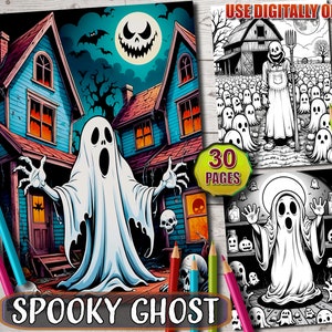 Spooky Ghost Coloring Book: 30 Halloween Grayscale Pages (Printable PDF)