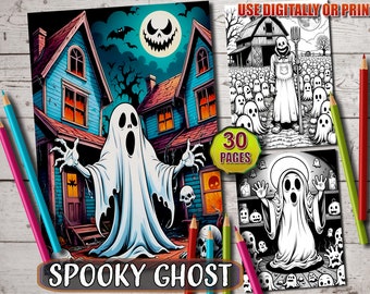 May include: A Halloween-themed coloring book with 30 pages, featuring a spooky ghost illustration in front of a haunted house. The image includes a black and white illustration of a scarecrow and ghosts. The text "Spooky Ghost" is visible.