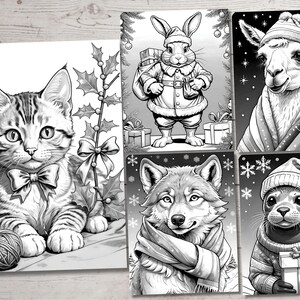 May include: Black and white illustrations of five animals wearing winter clothing. A cat with a bow, a rabbit wearing a Santa suit, a llama wearing a scarf, a wolf wearing a scarf, and a seal wearing a hat and sweater.