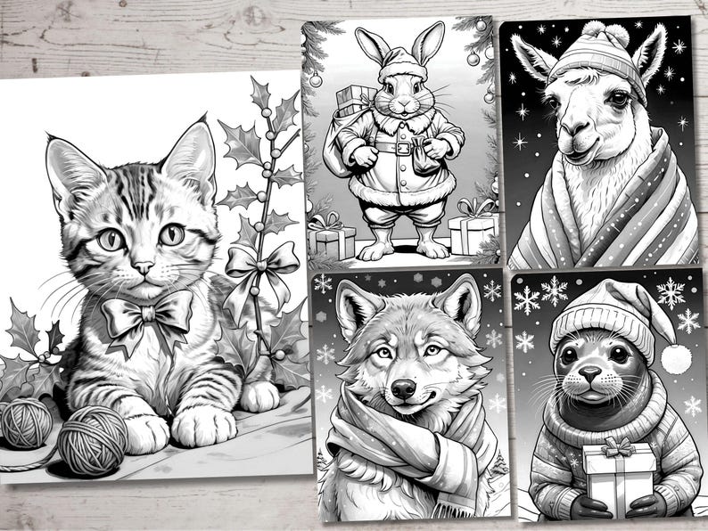 May include: Black and white illustrations of five animals wearing winter clothing. A cat with a bow, a rabbit wearing a Santa suit, a llama wearing a scarf, a wolf wearing a scarf, and a seal wearing a hat and sweater.