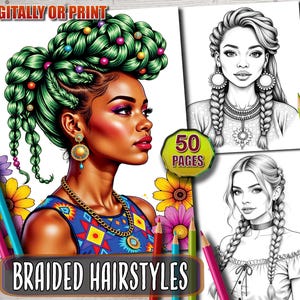 Puede incluir: Un libro para colorear titulado "BRAIDED HAIRSTYLES" presenta una ilustración colorida de una mujer con cabello trenzado verde y un collar dorado. El libro también incluye dibujos lineales en blanco y negro de mujeres con peinados trenzados. Lápices de colores en primer plano.