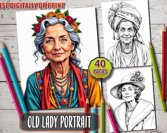 Elegant Elderly Women Coloring Book: 40 Grayscale Portraits (PDF Pattern)