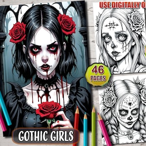 Gothic Girls Coloring Book: 46 Dark Fantasy Grayscale Pages (Instant Download)