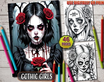 Gothic Girls Coloring Book: 46 Dark Fantasy Grayscale Pages (Instant Download)