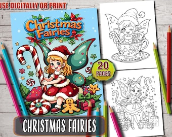 May include: A Christmas Fairies coloring book with a cover illustration of a fairy in a Santa hat holding a candy cane. The image includes the text "Christmas Fairies" and "20 Pages". Colored pencils are placed around the book.